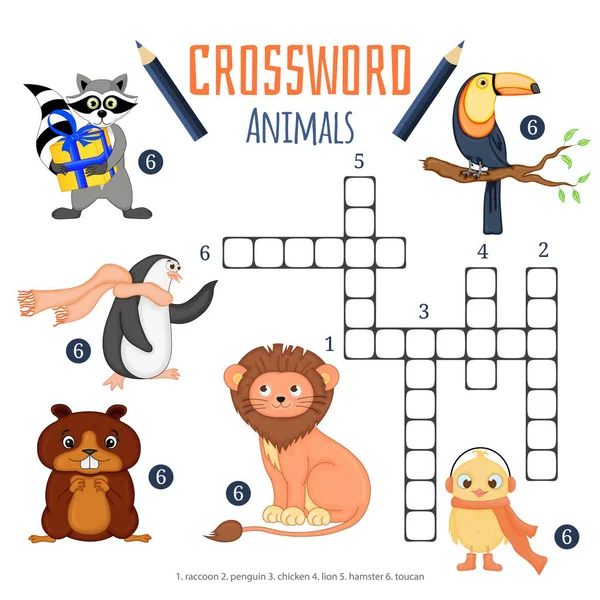 Crucigrama Color Vectorial Juego Educación Para Niños Sobre Animales — Archivo Imágenes Vectoriales