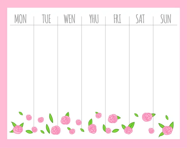 Weekly children's planner with roses, vector graphics — Stock Vector