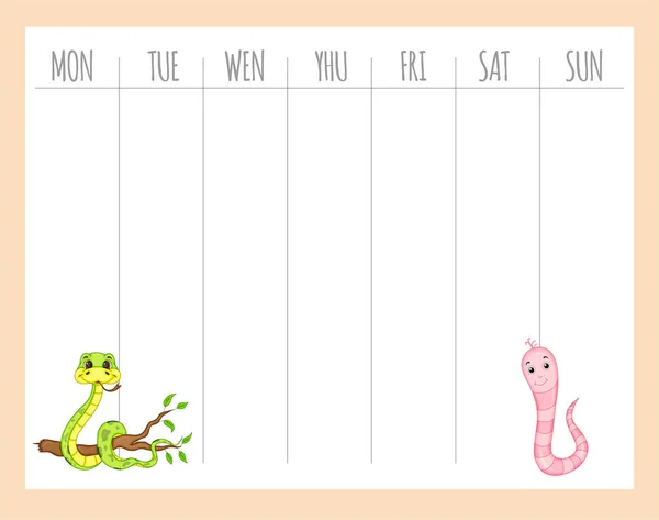 Planificador infantil semanal con serpiente y gusano, gráficos vectoriales — Archivo Imágenes Vectoriales