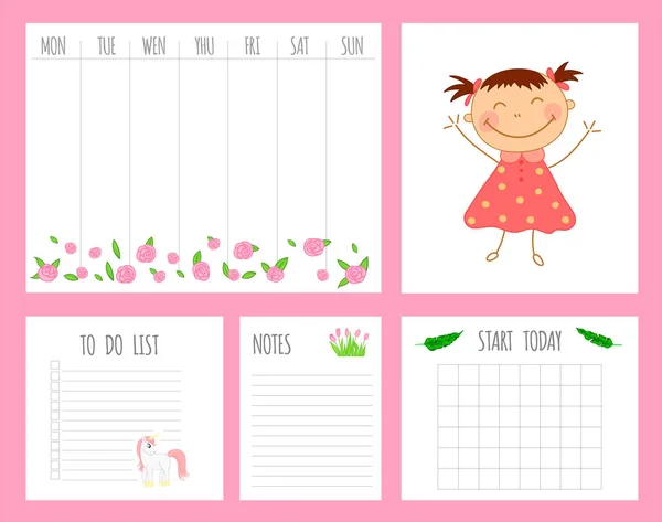 Planer tygodniowy dzieci z dziewczyną, jednorożec i kwiaty, grafika wektorowa — Wektor stockowy