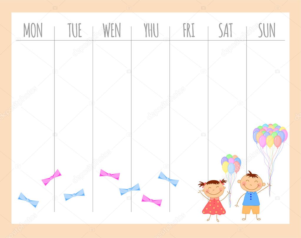 Weekly children's planner with children, vector graphics