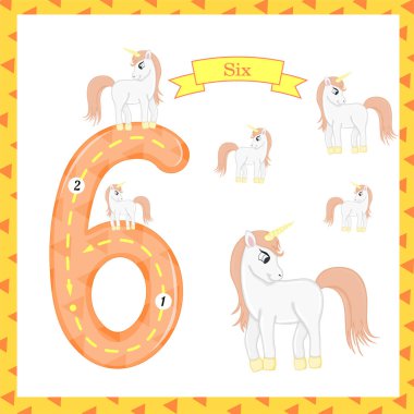 Şirin çocuk Flashcard altıncı izleme saymak ve yazmak için öğrenme çocuklar için 6 tek boynuzlu at ile.