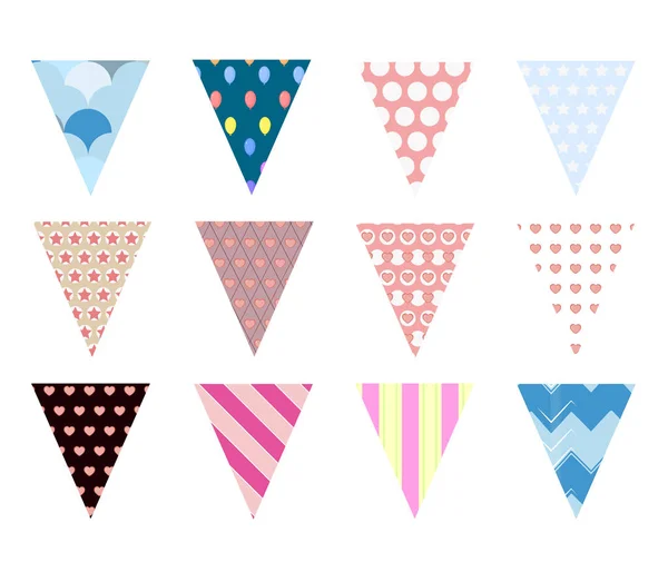 Bandeiras triangulares coloridas com diferentes ornamentos gráficos vetoriais — Vetor de Stock