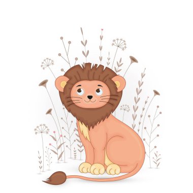 Karikatür hayvanlar aslan ile hediye kartpostal. Dekoratif çiçek arka plan ile şube ve tesisleri.