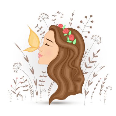 Hediye kart karikatür hayvanlar kızla. Dekoratif çiçek arka plan ile şube ve tesisleri.