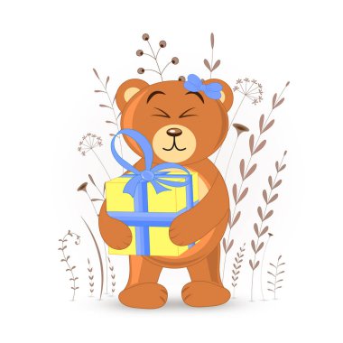 Karikatür hayvan ayı ile hediye kartpostal. Dekoratif çiçek arka plan ile şube ve tesisleri.