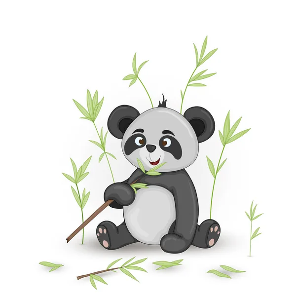 Geschenk-Postkarte mit Zeichentricktieren Panda. dekorative florale Hintergrund mit Zweigen und Pflanzen. — Stockvektor