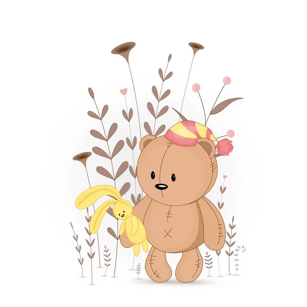 Dárkové pohlednice s kreslené zvířata medvěda. Ozdobné květinové pozadí s větve a rostliny. — Stockový vektor