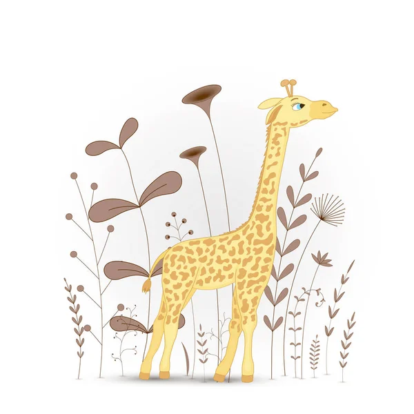 Cadeaubriefkaart met cartoon dieren giraffe. Decoratieve bloemachtergrond met takken en planten. — Stockvector