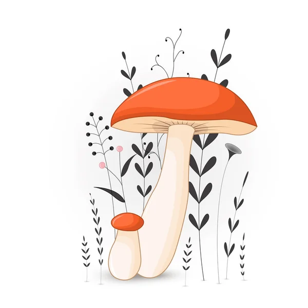Ajándék képeslap karikatúra állatok gombával. Dekoratív virág háttérrel, ágak és a növények. — Stock Vector