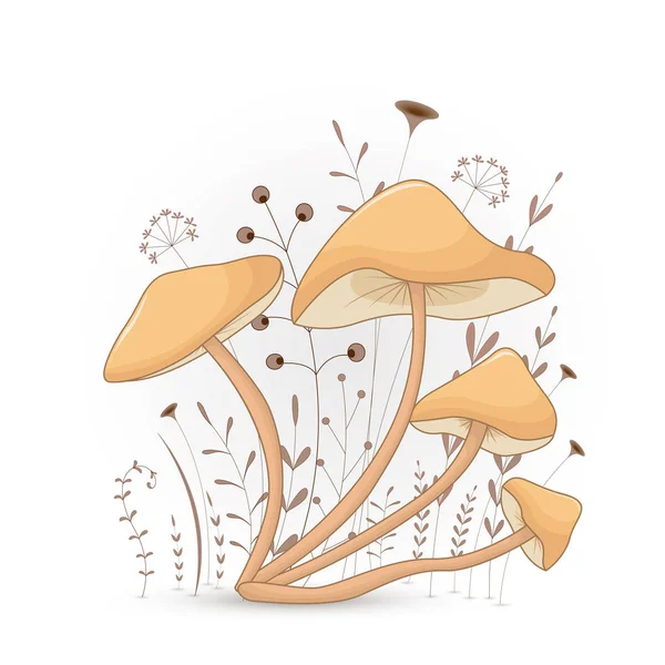 Cartão postal de presente com animais de desenhos animados cogumelo. Fundo floral decorativo com ramos e plantas . — Vetor de Stock