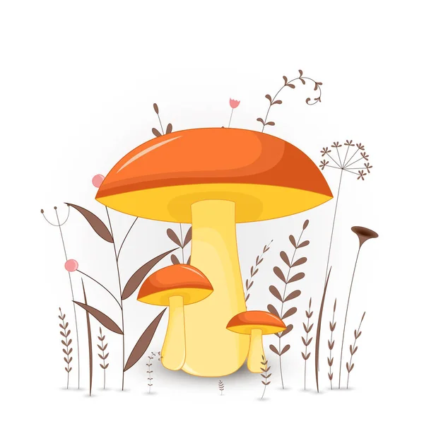 Cartão postal de presente com animais de desenhos animados cogumelo. Fundo floral decorativo com ramos e plantas . —  Vetores de Stock