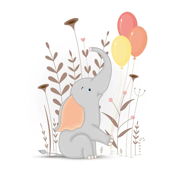 Gåva vykort med tecknade djur elefant. Dekorativa blommor bakgrund med grenar och växter. — Stock vektor