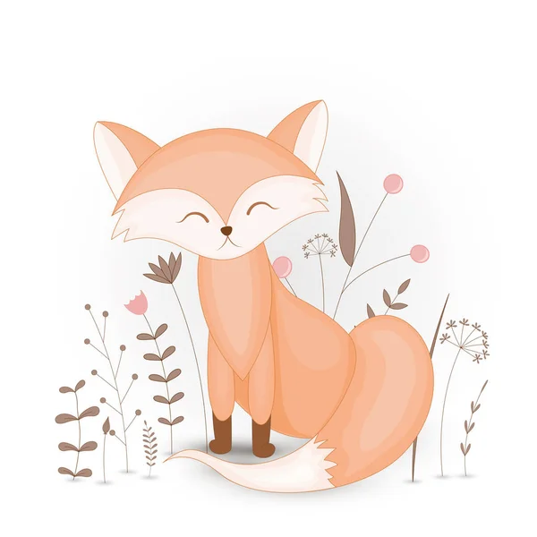Cartolina regalo con cartoni animati animali volpe. Decorativo sfondo floreale con rami e piante . — Vettoriale Stock
