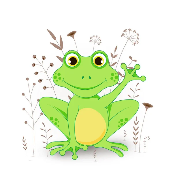 Carte postale cadeau avec des animaux de dessin animé grenouille. Fond floral décoratif avec des branches et des plantes . — Image vectorielle