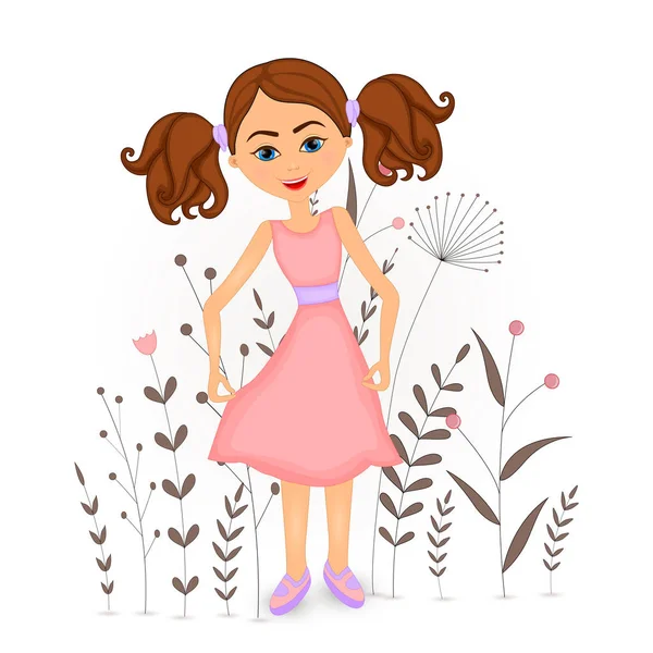 Gåva vykort med tecknade djur tjej. Dekorativa blommor bakgrund med grenar och växter. — Stock vektor