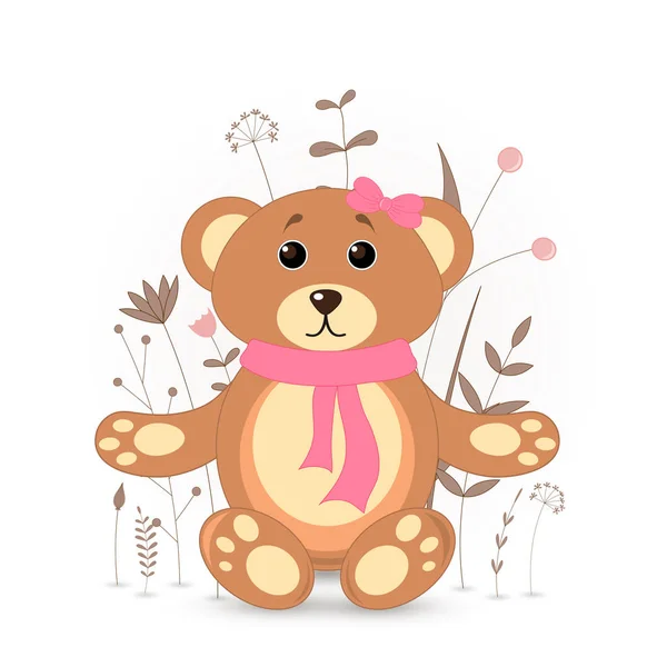 Gift postcard with cartoon animals bear. Decorative floral background with branches and plants. — Stock Vector