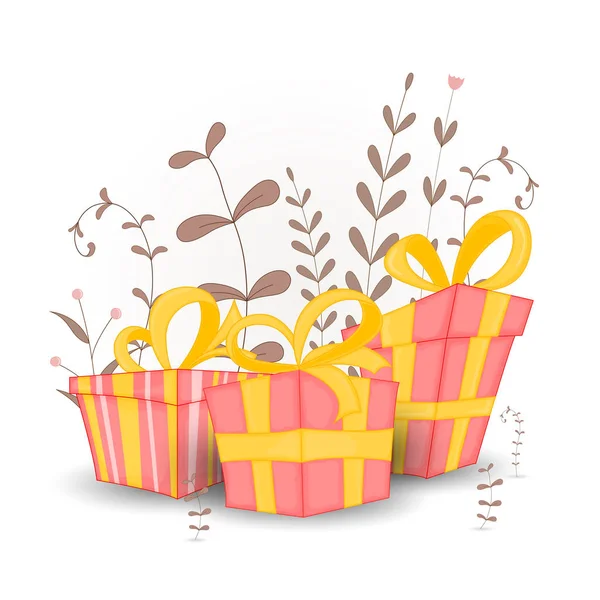 Tarjeta postal regalo con animales de dibujos animados regalo. Fondo floral decorativo con ramas y plantas . — Vector de stock