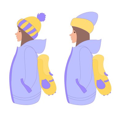 Ceketli iki kız ve sırt çantalı bir şapka.