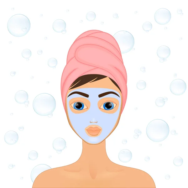 Girl cares and protects her face with various actions, facial, treatment, beauty, healthy, hygiene, lifestyle, set, in a towel, mask, — Stock Vector