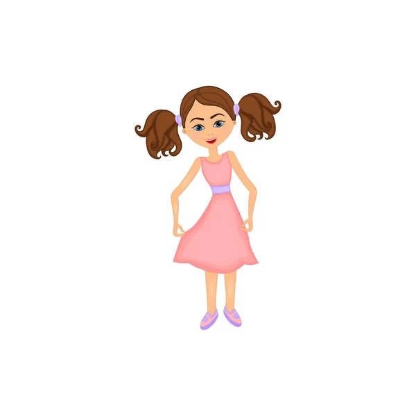 Fille avec des queues sur la tête dans une robe rose — Image vectorielle