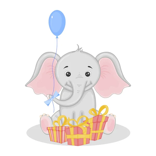 Imagen vectorial de elefante con regalos y globo — Vector de stock