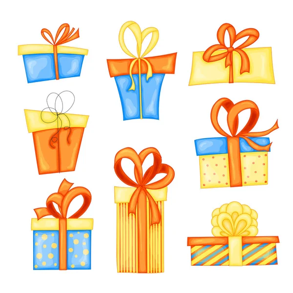 Vector set of different gift boxes.Beautiful present box with overwhelming bow. — ストックベクタ