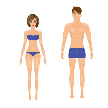 Zayıf adam ve mavi mayo giyen kız.