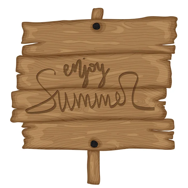 Cartel antiguo de madera en estilo retro de dibujos animados aislado sobre fondo blanco. Disfruta del verano — Vector de stock