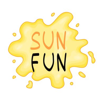 Yaz tasarımı çıkartması, yazlık elementler ve el yazısı harfleri. Tişört baskıları, çantalar, alışveriş malzemeleri, kumaş, kartlar, posterler ve internet için harika. - Vektör güneş.