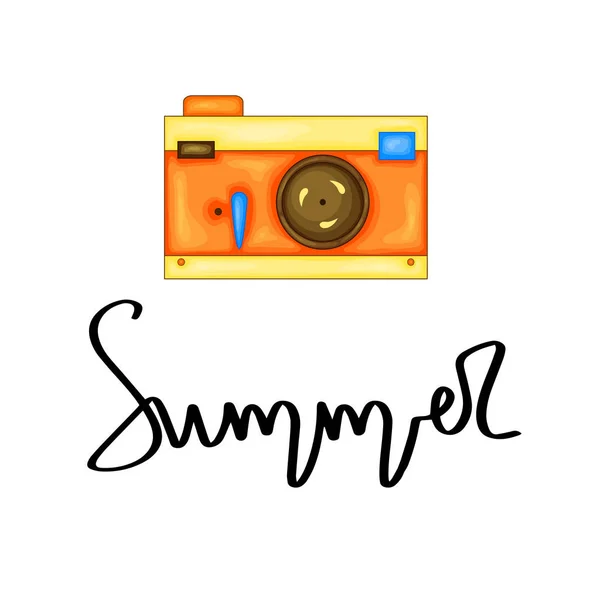 Summer design sticker with summer elements and hand lettering words. Great for t-shirt prints, tote bags and shoppers, fabric, cards, posters and web. - Vector camera — ストックベクタ