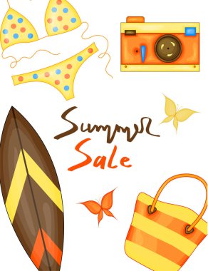 Yazın metin için vektör pankartı tasarımı ve beyaz arka planda renkli plaj unsurları. Vektör illüstrasyonu