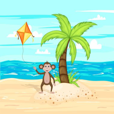 Çizgi film tarzında vektör illüstrasyonu. Yaz manzarası deniz ve kum.