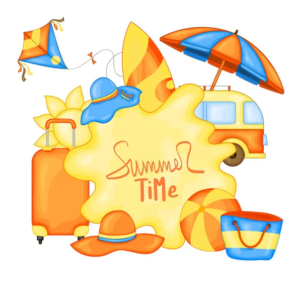 Sommerzeit-Vektor-Banner-Design für Text und bunte Strandelemente auf weißem Hintergrund. Vektorillustration — Stockvektor
