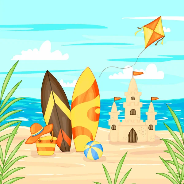 Vector illustration in cartoon style. Summer landscape sea and sand. — Stock Vector