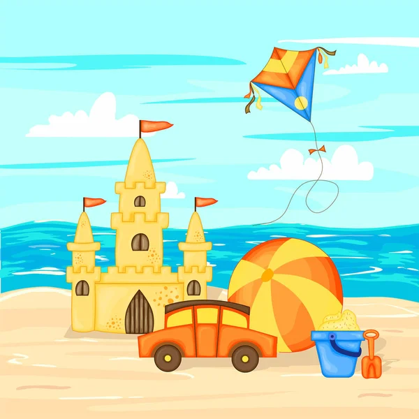 Vector illustration in cartoon style. Summer landscape sea and sand. — Stock Vector