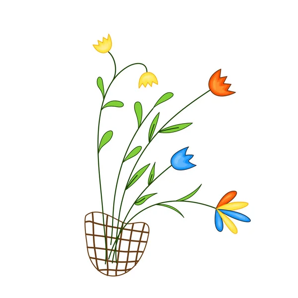 Diferentes flores en una cesta en estilo de dibujos animados aislados sobre fondo blanco — Vector de stock