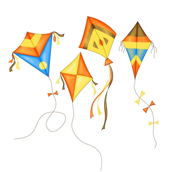 Kite set van verschillende kleuren in cartoon stijl geïsoleerd op witte achtergrond — Stockvector