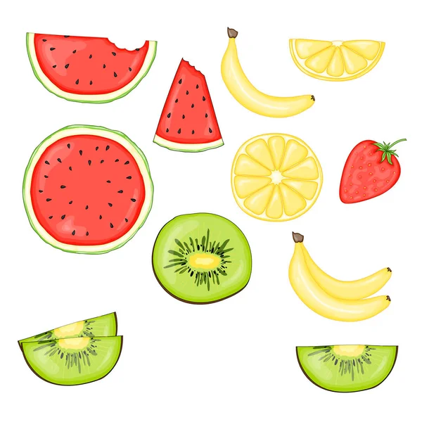 Набор фруктов и ягод: киви, банан, арбуз и клубника, лимон. Векторная иллюстрация на белом фоне — стоковый вектор