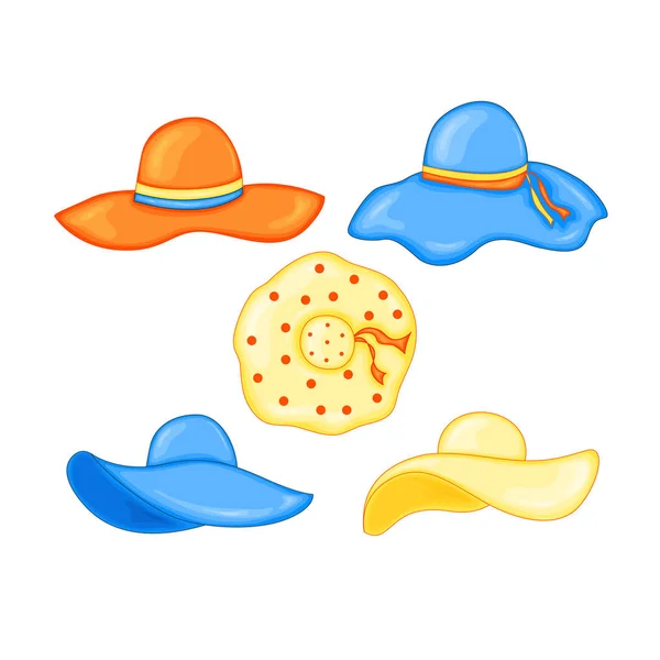 Conjunto de chapéus de verão para a praia em estilo bonito desenho animado. Ilustração vetorial isolada sobre fundo branco — Vetor de Stock