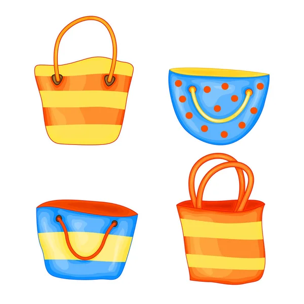 Ensemble de sacs de plage d'été dans le style de dessin animé mignon. Illustration vectorielle isolée sur fond blanc — Image vectorielle