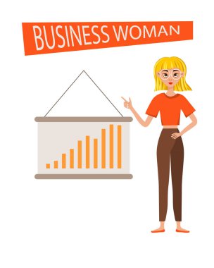 İş kadını karakter tasarımı seti. Kız gelişim çizelgesinde görünüyor. Vektör illüstrasyonu.