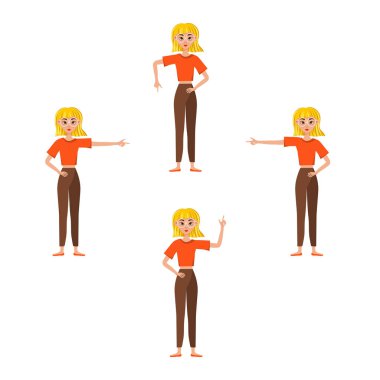 İş kadını karakter tasarımı seti. Kız elini ve işaret parmağını gösteriyor. Vektör illüstrasyonu.