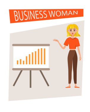 İş kadını karakter tasarımı seti. Kız gelişim çizelgesinde görünüyor. Vektör illüstrasyonu.