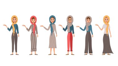 Bir grup kadın karakter. Kızlar sağ tarafı işaret eder, sağ tarafı. Vektör illüstrasyonu.