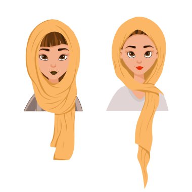 Beyaz arka planda eşarplı karakterlerle yüzleşen bir kadın. Vektör illüstrasyonu.