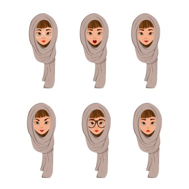Beyaz arka planda farklı yüz ifadeleri olan eşarplı karakterlerle yüzleşen bir kadın. Vektör illüstrasyonu.