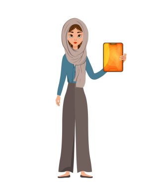 Beyaz arka planda tableti olan atkı takmış bir kadın karakter. Vektör illüstrasyonu.