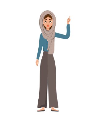 Kadın karakterler kümesi. Kız sağ eli sağa doğru işaret ediyor. Vektör çizimi.