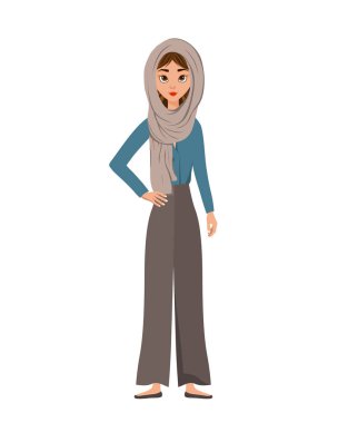 Kadın karakterler kümesi. Kız kollarını yana doğru yaslar. Vektör çizimi.